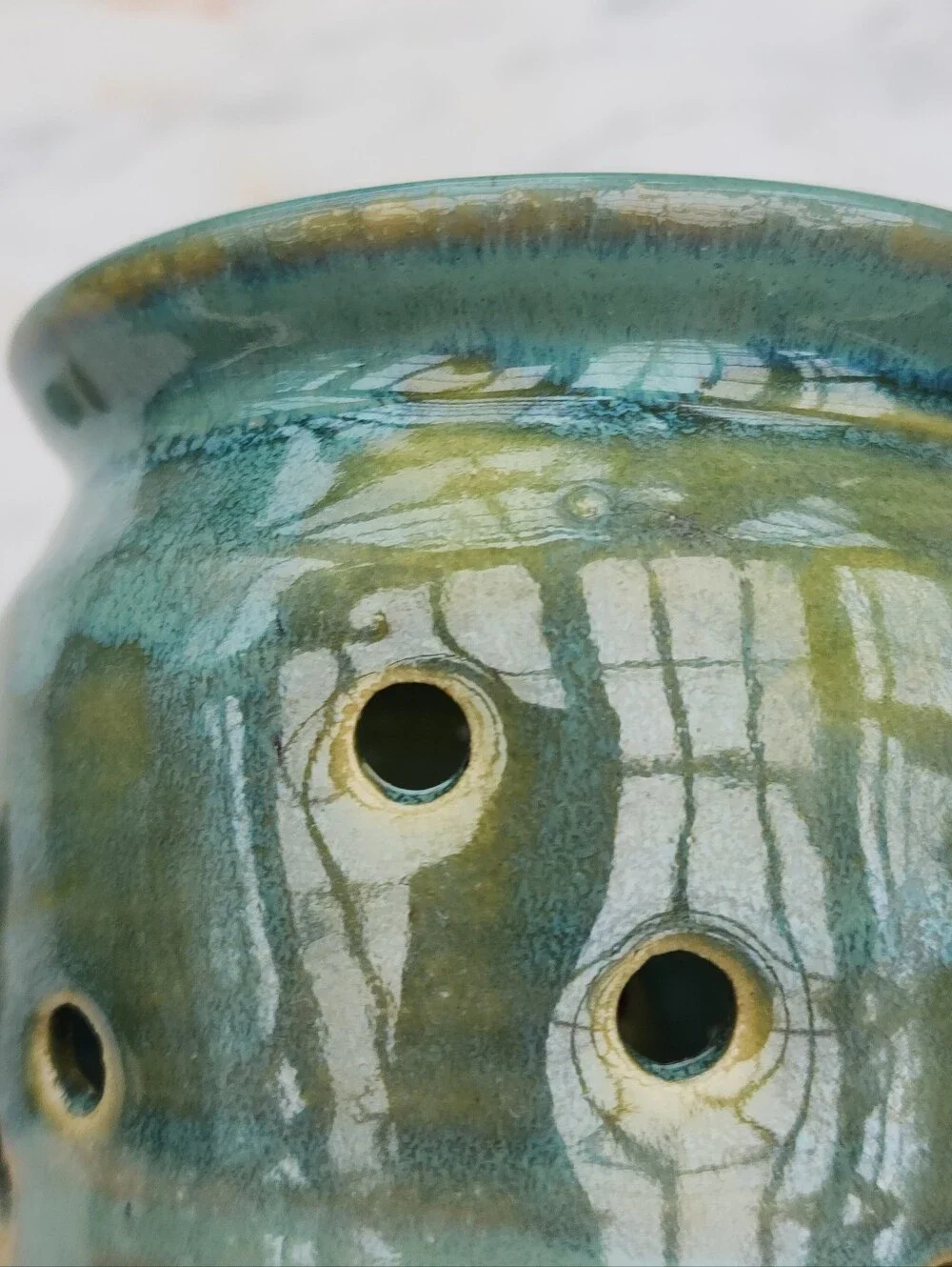 Holman Pottery Garlic Keeper Jar in Sea Pearl Green Ventilation Holes 6